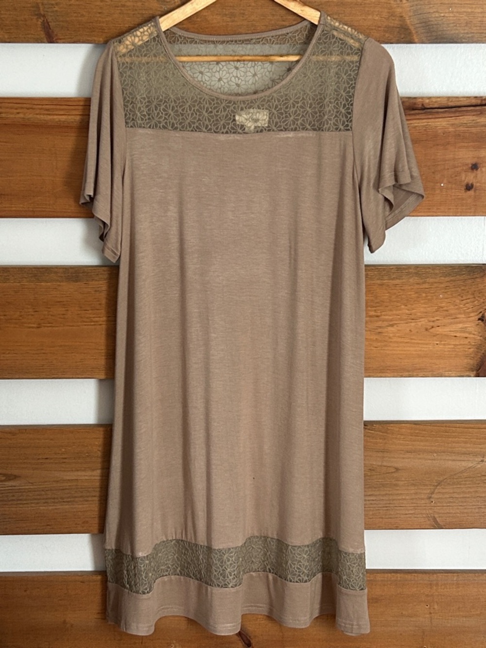 My Love Taupe Lace Yoke Short Sleeve Lightweight Midi Dress Floral Sheer Size M